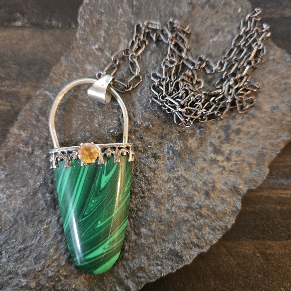 Amazing Vintage Malachite Sterling Silver Bohemian Necklace